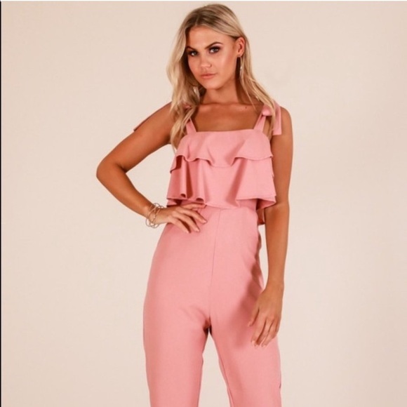 Showpo. Pants - Showpo. Blush Pink Tie Shoulder Ruffle Top Jumpsuit with Pockets 12
